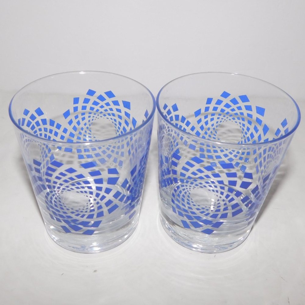 2 Vintage Ikea Clear Royal Blue Diamond Spiral Design Lowball Tumbler Glasses - Picture 5 of 7